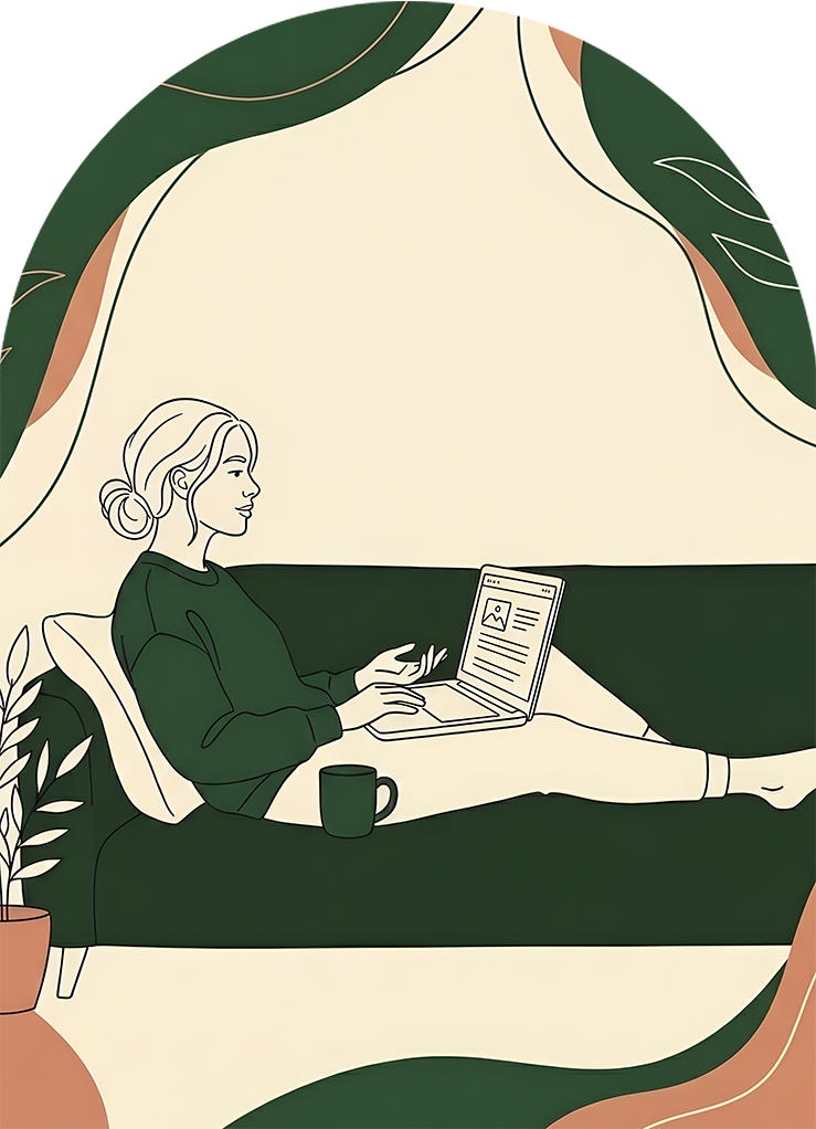 Minimalist editorial illustration of a relaxed person reclining on a dark green couch, reading an online therapy blog post on a laptop in a cozy, calming home setting.
